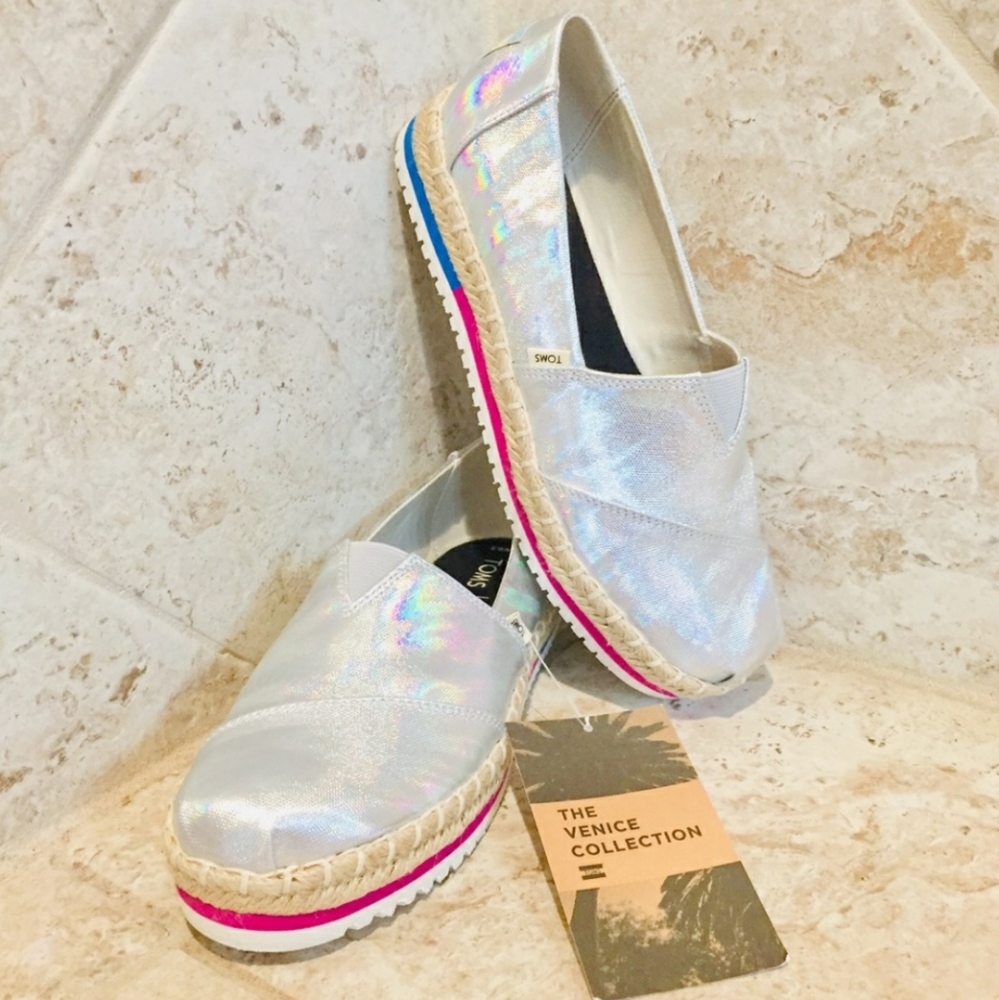 TOMS Iridescent Silver Hologram Slip On Flats 6.5